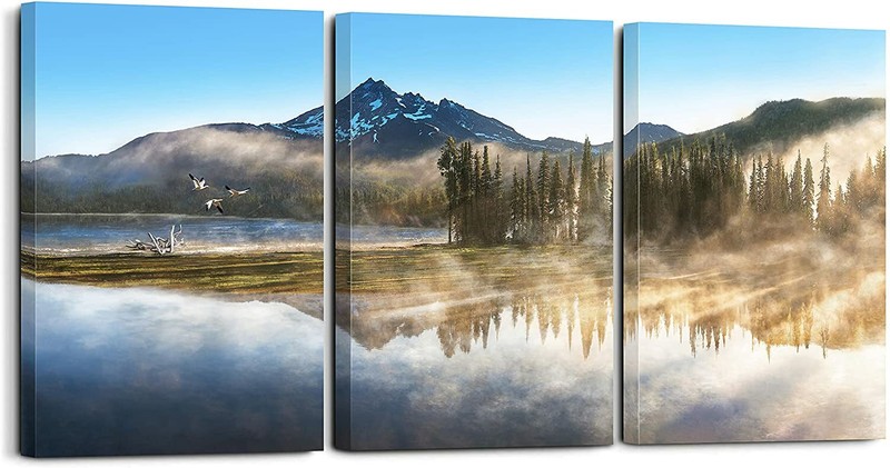 Misty Forest Mountain 3 Piece Wall Art Framed Ready to Hang Artwork 12×16 inch