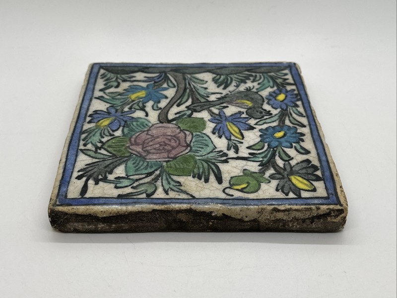 Early Hand Painted Glazed Ceramic Earthenware Persian Pottery Tile Bird Florals gallery