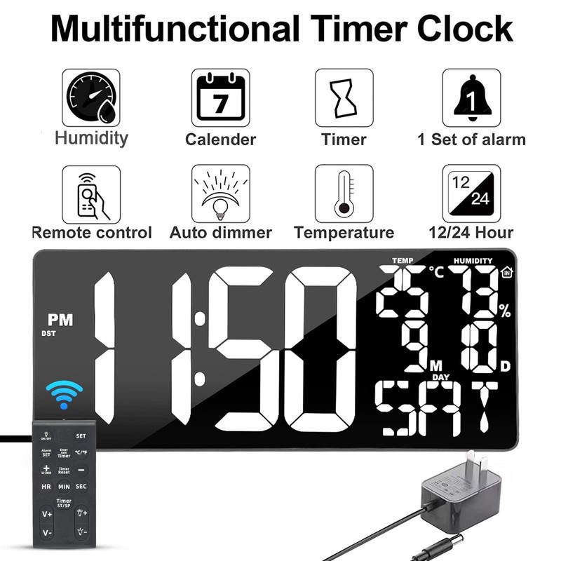 18 Inch Oversized Digital Wall Clock Remote Temperature Date White LED gallery