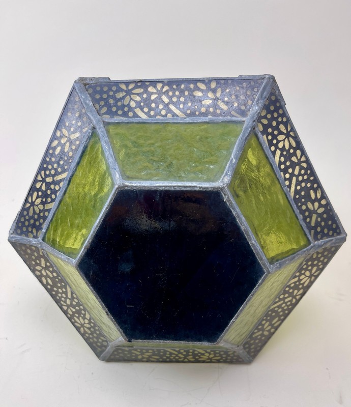 Moroccan Style Hanging Lantern Candle Holder Green Glass Soldered Metal Hexagon gallery