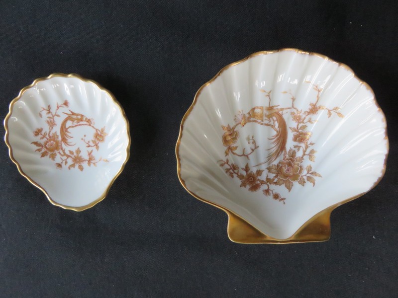 2 Limoges France Seashell Trinket Hand Painted Dishes Peacock & Floral Design