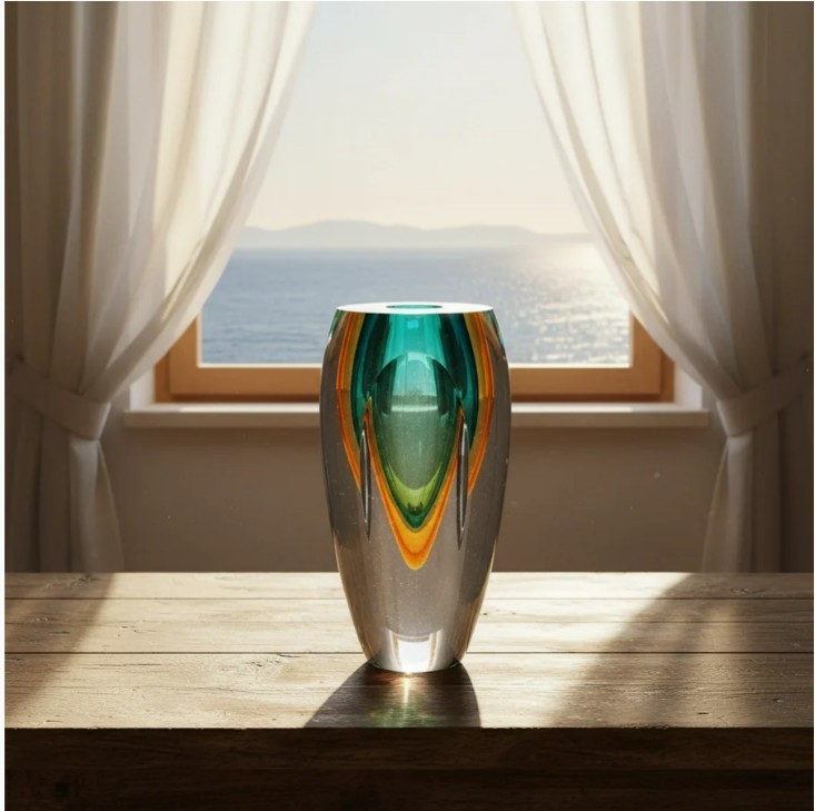 Badash Décor, “Rimini” Amber & Green Murano Style Art Glass Vase, 6″, NEW IN BOX