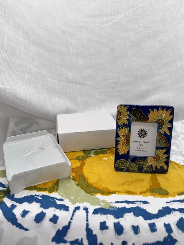 Sunflower Ceramic Photo Frame Mini Tabletop Floral Blue Background 1.5 x 2 Inch