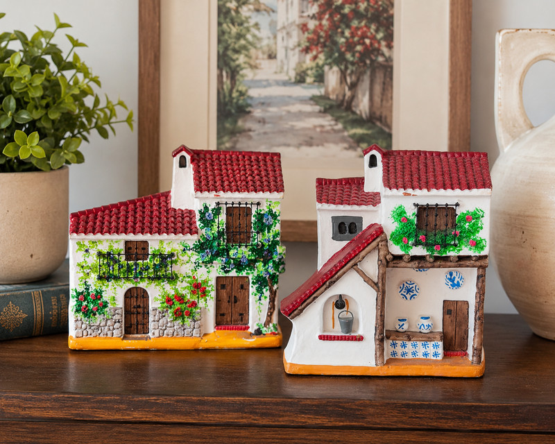 Spanish Terracotta Wall Plaques Set 2 Mediterranean Village Houses