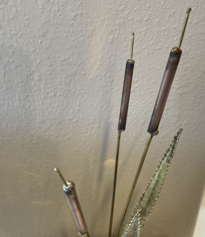 Vintage Brass & Copper Cattails & Lily Pad Sculpture Stone Base Signed 13" Tall gallery