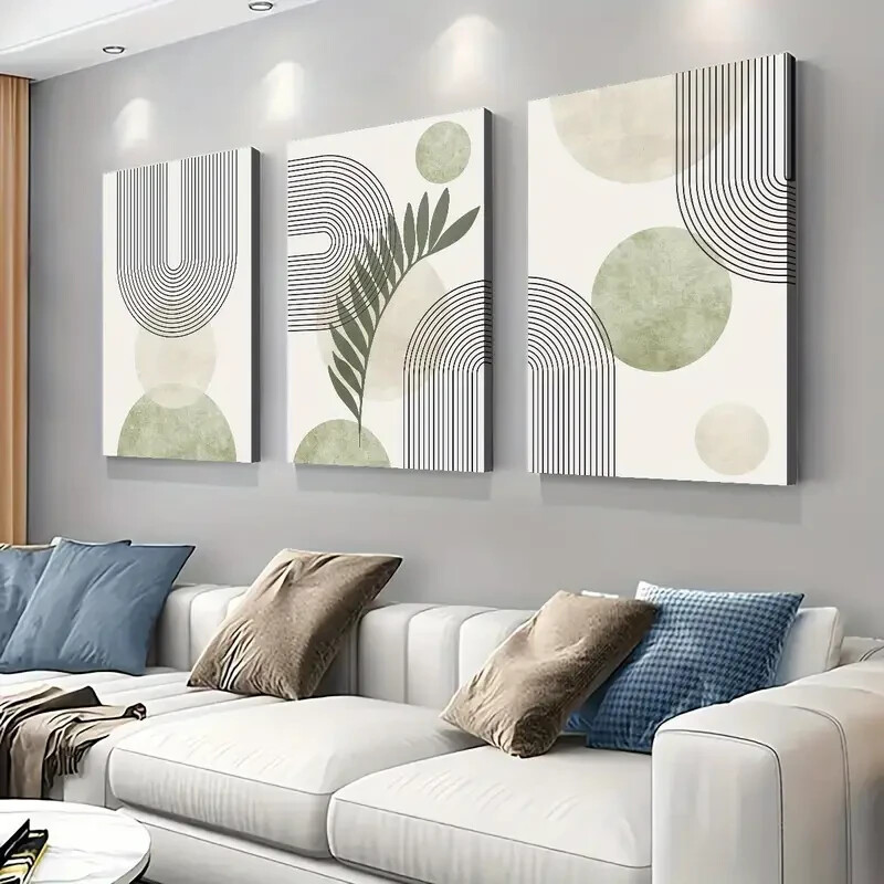 3pcs Abstract Sage Green Geometric Line Wall Art Canvas Unframed/Framed