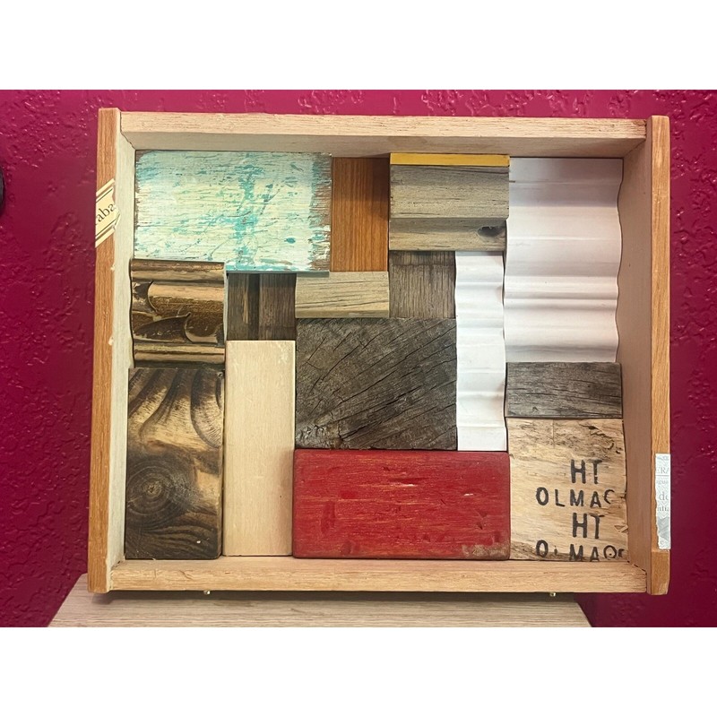 Handmade Reclaimed Wood Collage Art Oliva Cigar Box Frame Mixed Media Assemblage