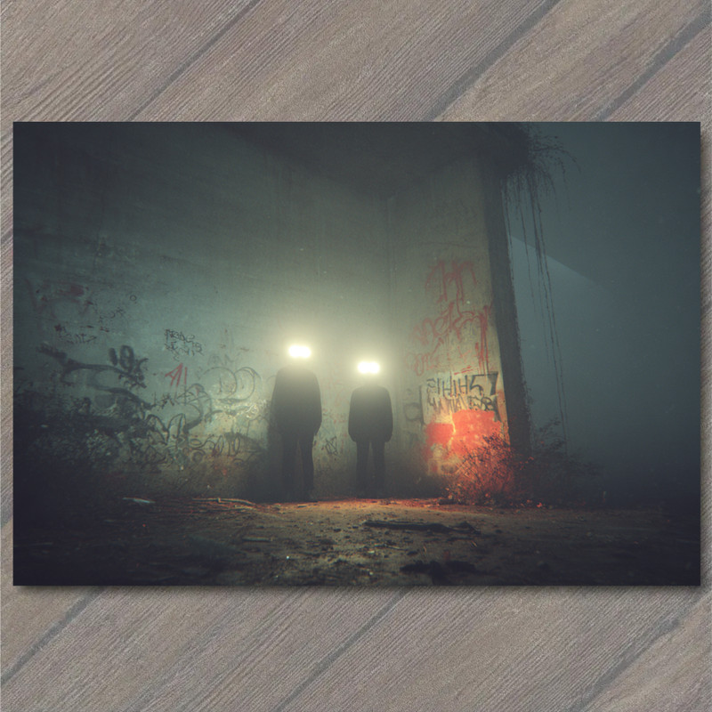 Art Print Glowing Head Figures Urban Graffiti Tunnel Nighttime Spooky Foggy Shad