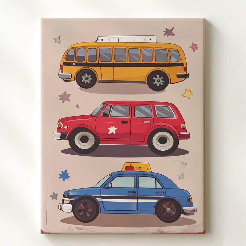Playful Vehicle Stack Canvasretro Transportation Art For Kids Wall Art