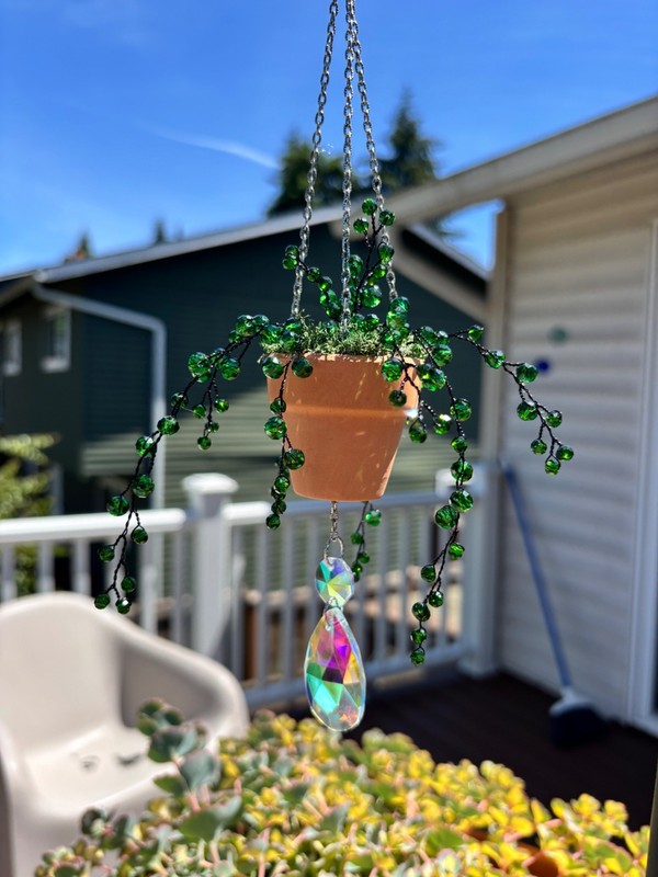 Handmade Beaded Forever Plant Suncatcher Hanging Decor dark green, black wire
