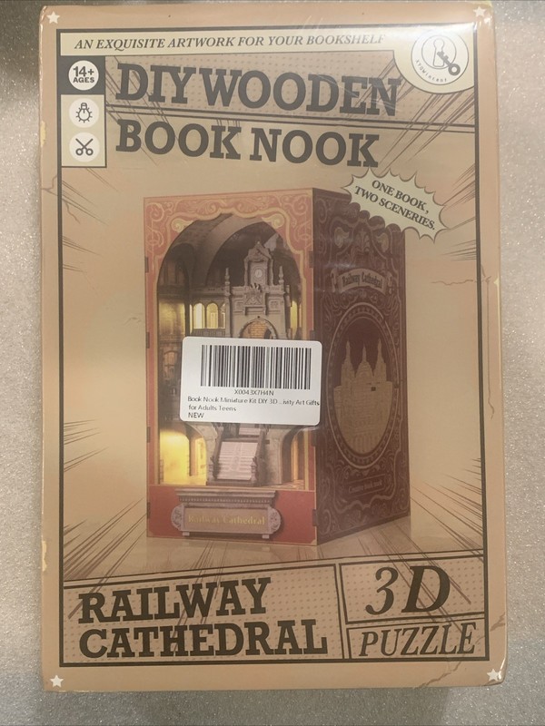 3D DIY Book Nook Kit Wooden Puzzle Bookshelf Railway Cathedral with LED Lights