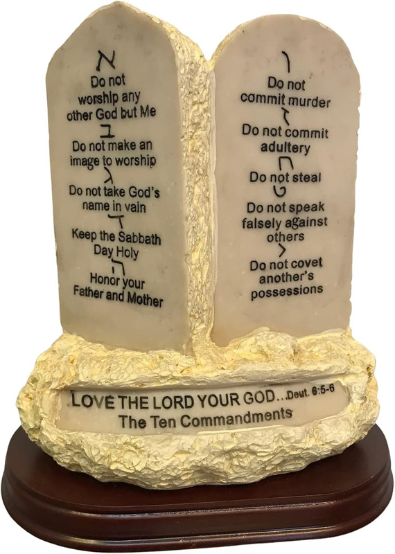 Ten Commandments Tabletop Decor Stone Replica Statue with Scripture on Wood Base