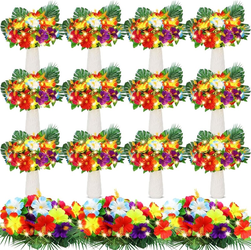 72 Pcs Hawaiian Flower Centerpieces for Tables Light up Hibiscus Bouquet Palm