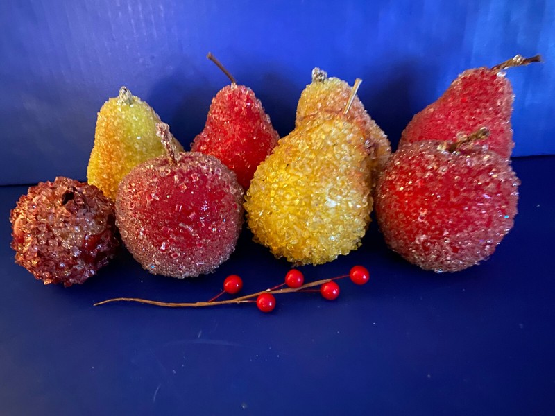 Vintage Fruit Glitter Shiney Pears Apples Set Of 8 gallery