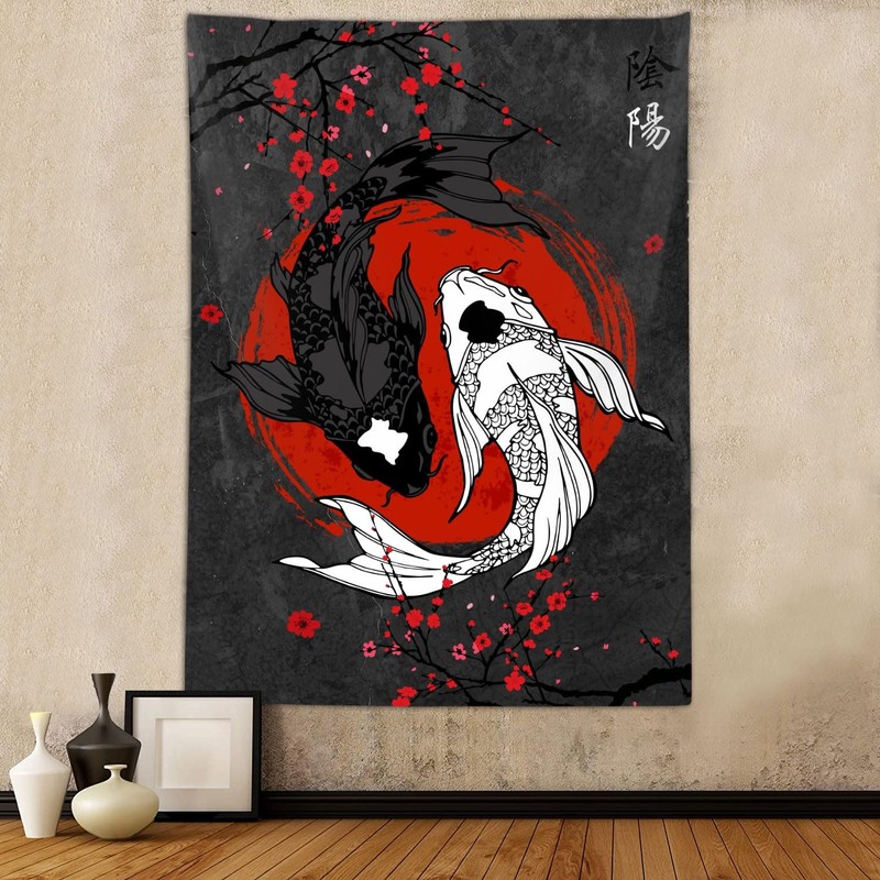 Japanese Yin Yang Koi Fish Tapestry, Cool Red and Black Anime Sakura Art Tapestr