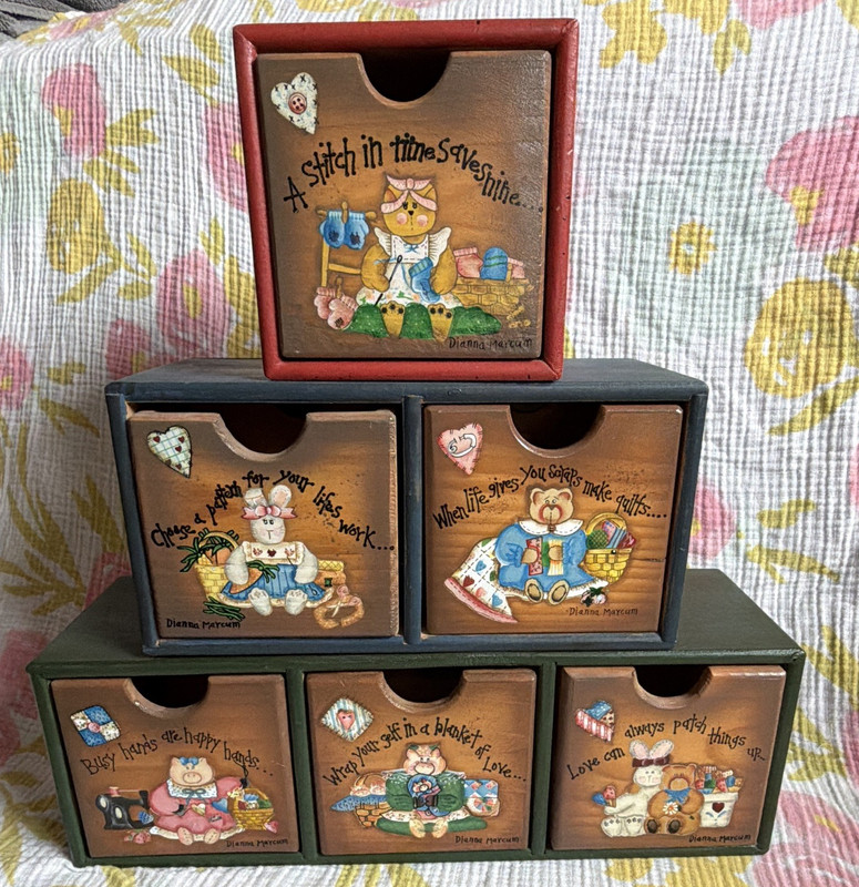 Vintage Dianna Marcum Wooden Drawers Sewing Theme Craft Storage Country Tole