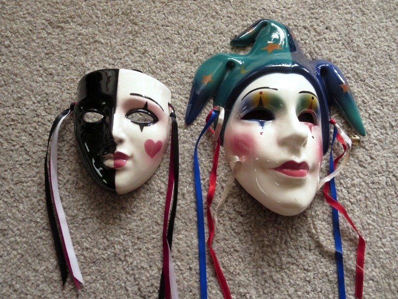 TWO Clay Art Ceramic Face Masks, Jester Art Deco Wall Decor