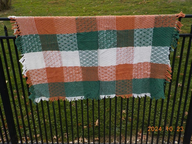 Large square pattern woven throw blanket, orange, white, green 47″ x 60′