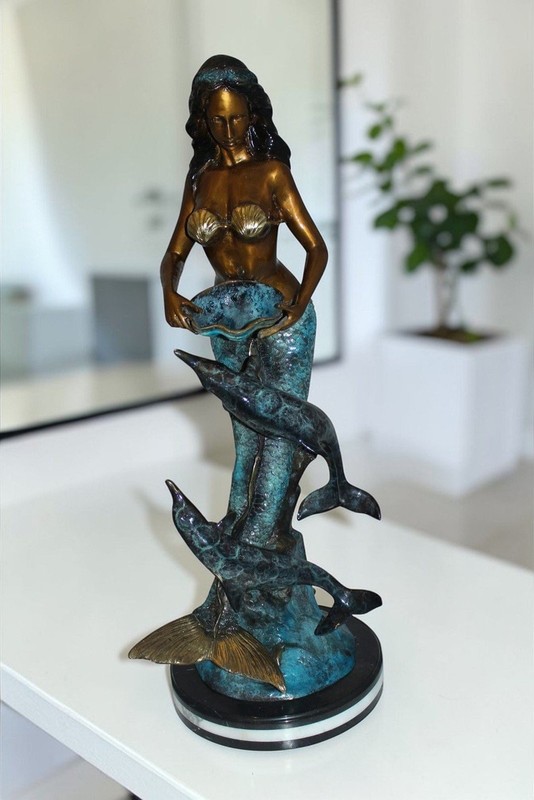 Mermaid with 2 dolphins Bronze Statue - Size: 14"L x 14"W x 28"H. gallery