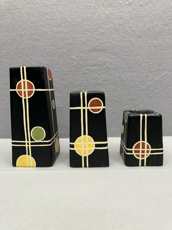 Ceramic Vases Candle Holders Set of 3 Black Geometric Jazzy Dot Postmodern Retro
