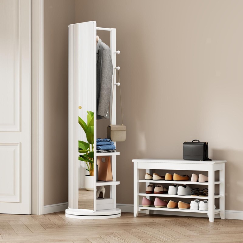 Solid Wood 69”x16” Rotating Mirror & Coat Rack – Space-Saving Solution for