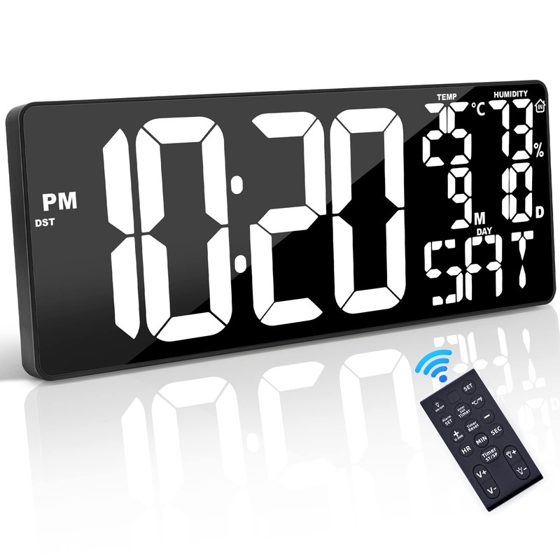18 Inch Oversized Digital Wall Clock Remote Temperature Date White LED