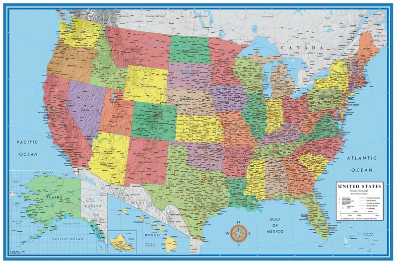 48×78 United States-USA-US Mega-Map Wall Poster Mural