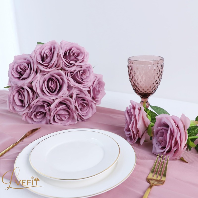 LVEFIT 12pcs Artificial Rose Flower Mauve Rose Flower with Long Stem Silk Roses gallery