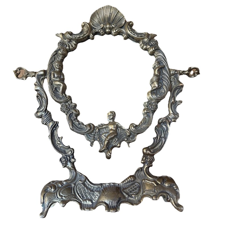VTG Brass Cherub Pedestal Vanity Table Top Mirror Ornate Scrolls Swivel. G-47