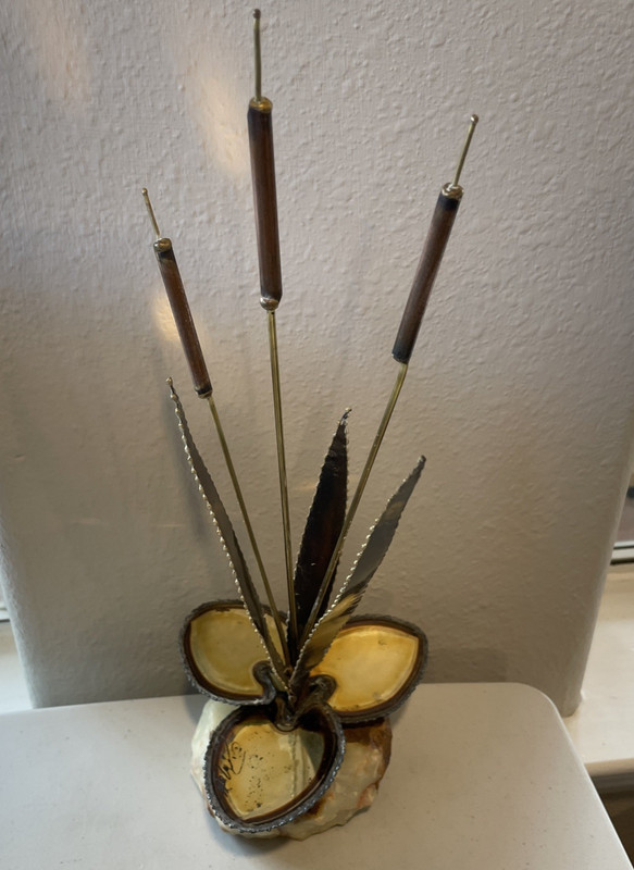 Vintage Brass & Copper Cattails & Lily Pad Sculpture Stone Base Signed 13″ Tall