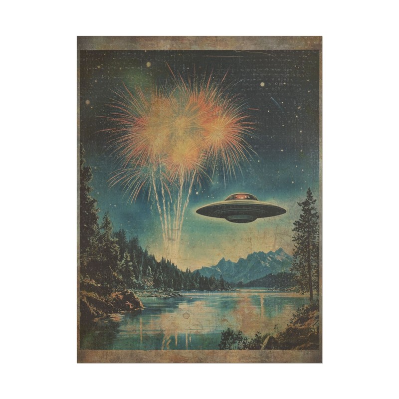 UFO FIREWORKS Wall Art, Retro Sci-fi July 4th Poster, Nature Park Alien Decor