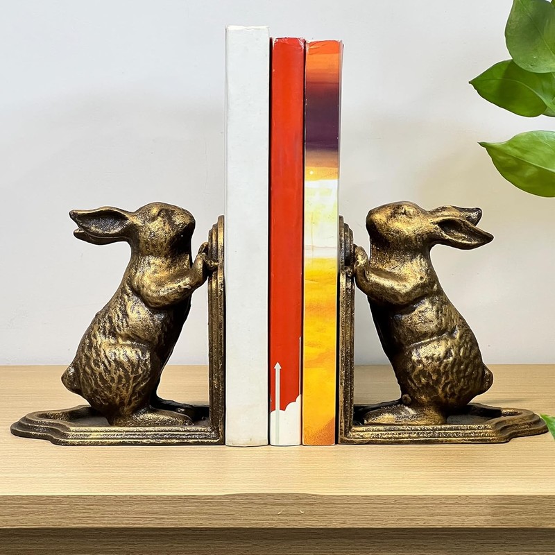 Decorative Bookends for Shelf, Cast Iron Cute Rabbit Bookshelf, Bunny Heavy Duty