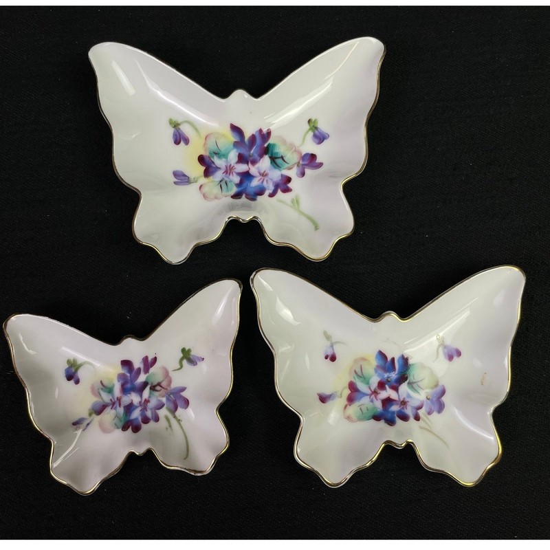 Vintage Porcelain Butterfly Trinket Dishes Set 3 Floral Gold Trim Japan Vanity gallery
