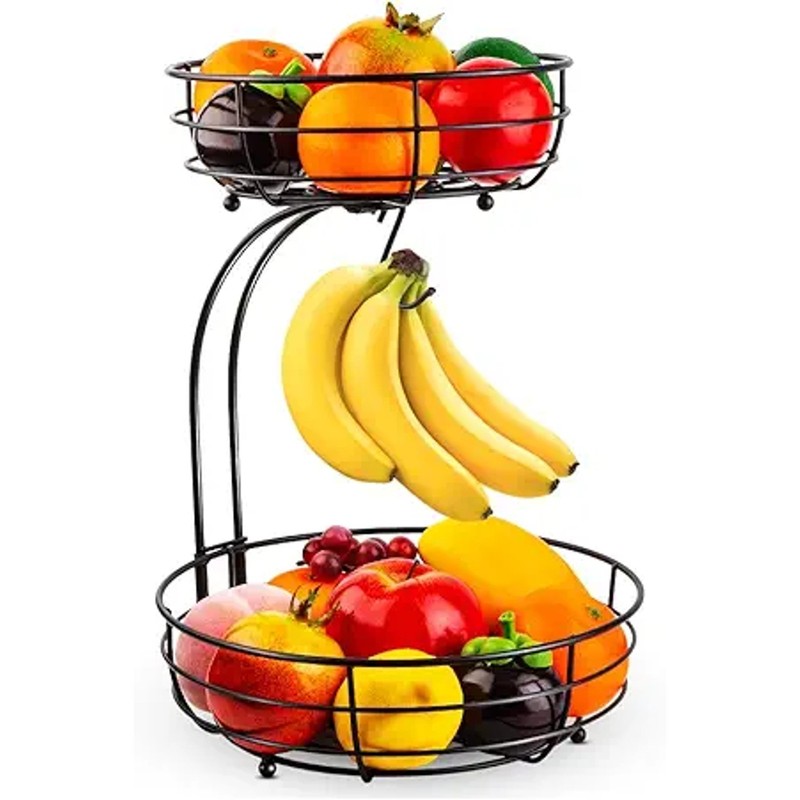 2 Tier Fruit Basket Bowl With Banana Hanger Black Iron Storage Organizer