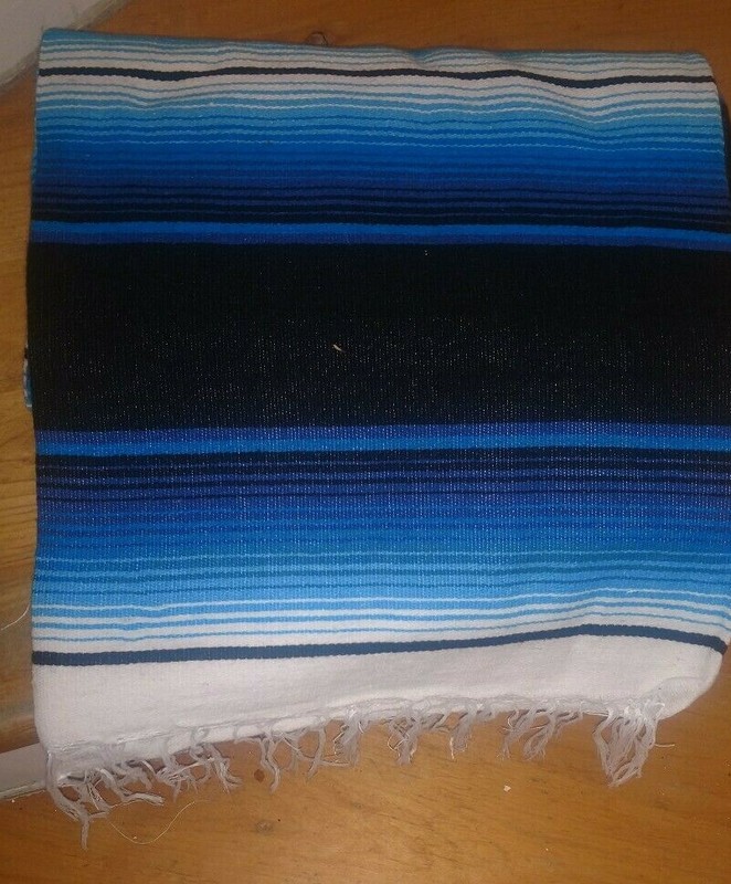 Mexican serape blanket blue and black white Striped and black fringe XL 84 x 64