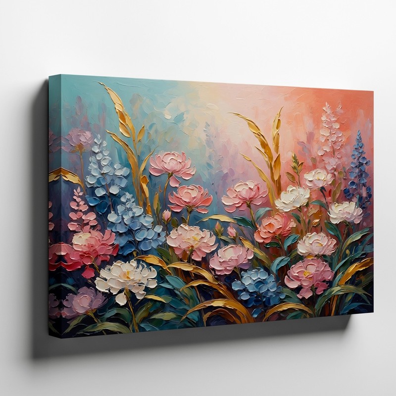 Floral Canvas Wall Art Pink Blue White Blossoms with Gold Leaves Painting Print