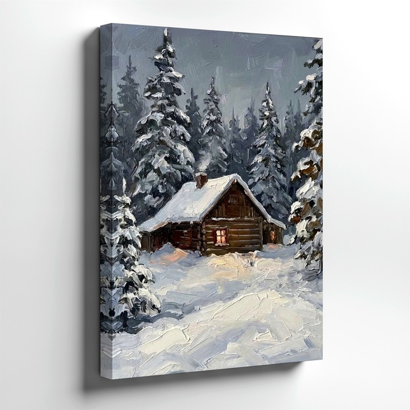 Wall Art Snowy Cabin Forest Winter Landscape Oil Painting Rustic Studio Decor