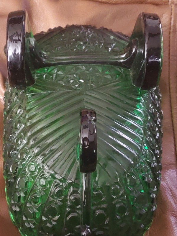 Large Deep Green Glass Daisy & Buttons Baby Carriage Candy Dish 9" X 5-1/2" X... gallery