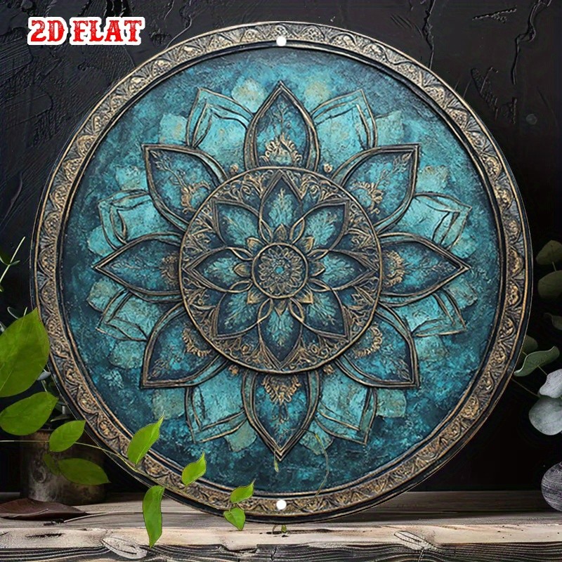 Mandala Metal Sign Floral Art Blue and Gold Vintage Rustic Home Wall Decoration