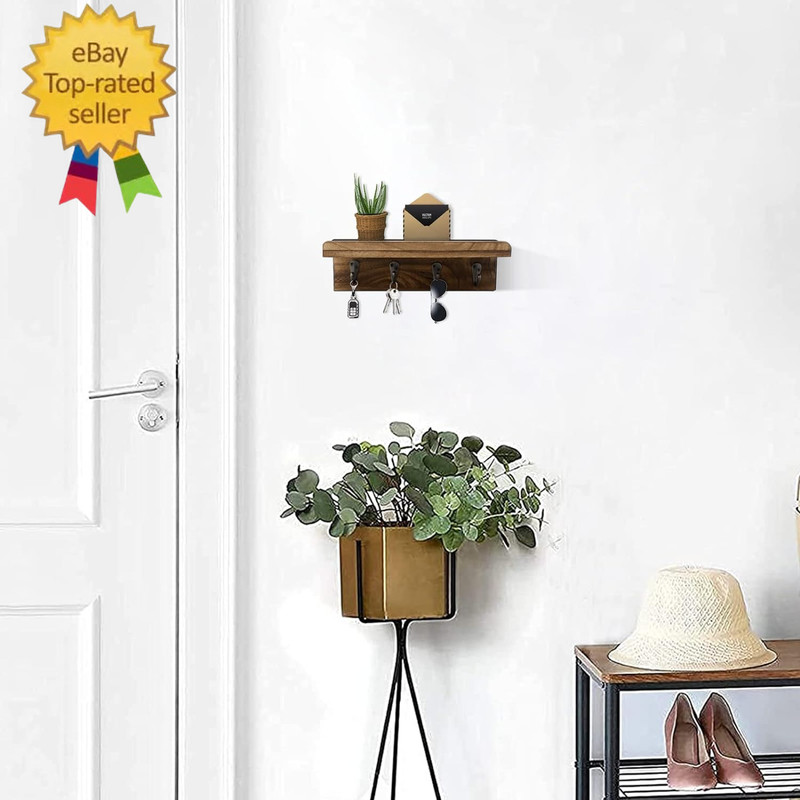 Rustic Key Holder for Wall, Farmhouse Wall Shelf with 4 Hooks, Wall Mounted Key gallery