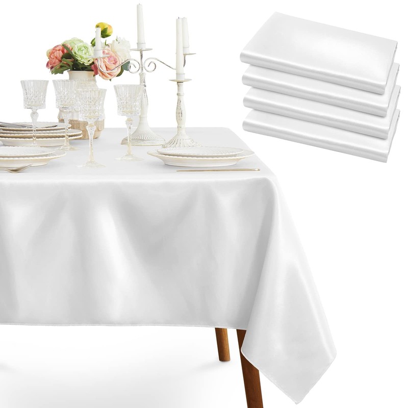 4 Pack White Satin Tablecloth, 58 x 102 Inches Polyester Tablecloth Rectangul…
