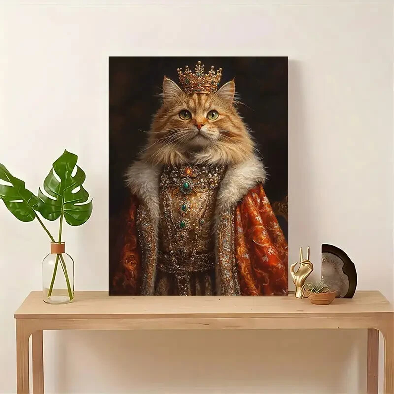 A Long-haired Cat Wearing A Crown And A Red Cape Wall Art Canvas Unframed/Framed gallery