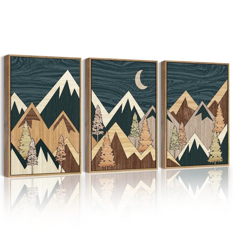 Blue Morden Mountains Framed Wall Art Boho Woodcut Pine Tree Forest Nature La... gallery