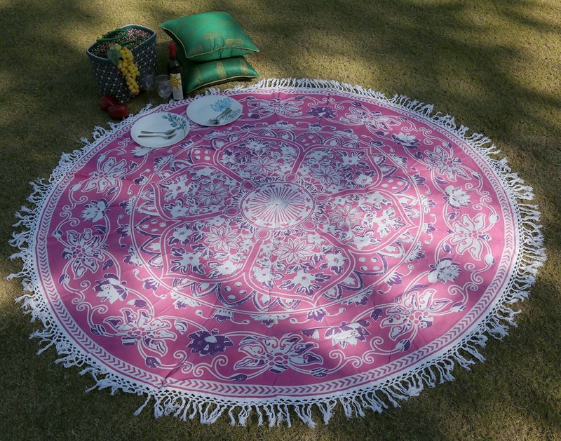 Indian Mandala Flower Tapestry Round Patio Picnic Table Beach Cover Pink 78″