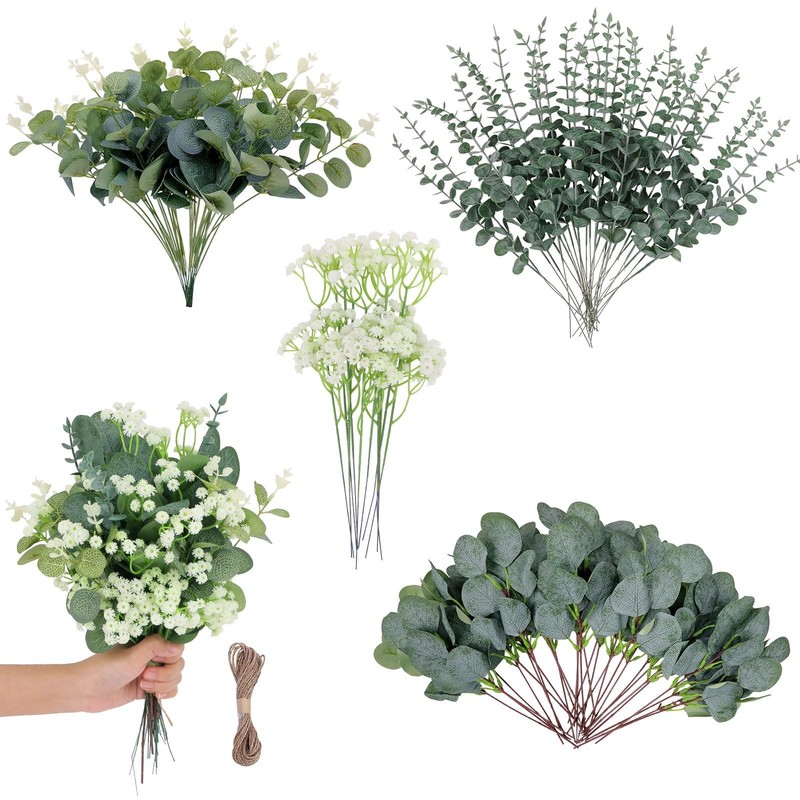 100 Pcs 4 Kinds Artificial Eucalyptus Stems, Mixed Faux Greenery Stems Fake S…