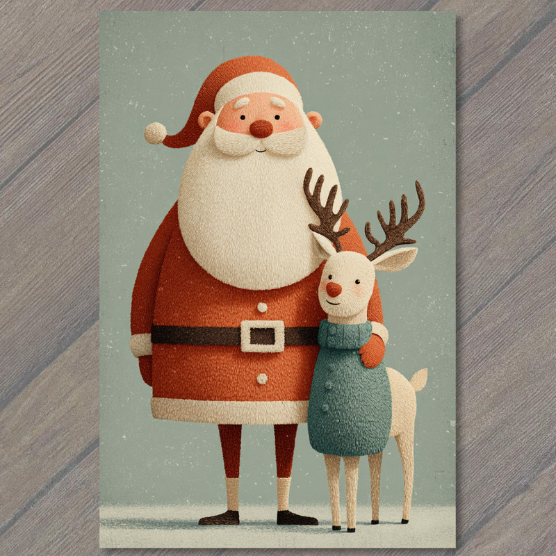 Art Print Santa Claus Hugging Reindeer Cozy Holiday Winter Christmas Cheer Cute