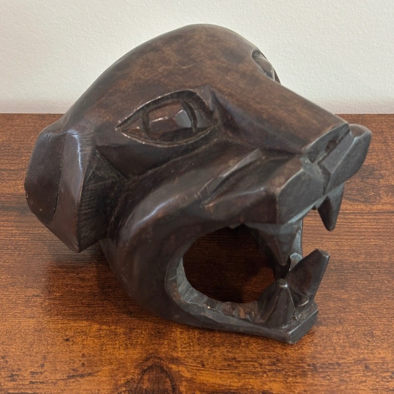 Hand Carved Wood Jaguar Head Sculpture Panther Folk Art Figurine Dark Brown
