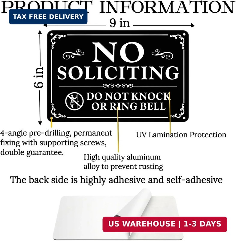 2 Pack No Soliciting Sign for Front Door,9 X 6 Inches Self-Adhesive No Solicitin gallery