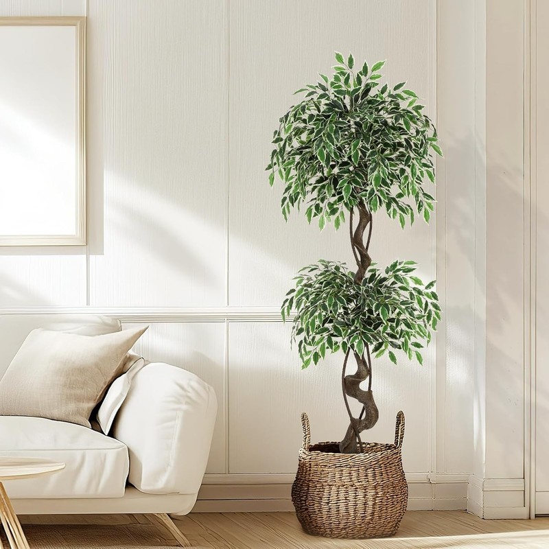 GRAVEE 5ft Artificial Ficus Tree Tall Fake Indoor Plant White Planter Pebbles gallery