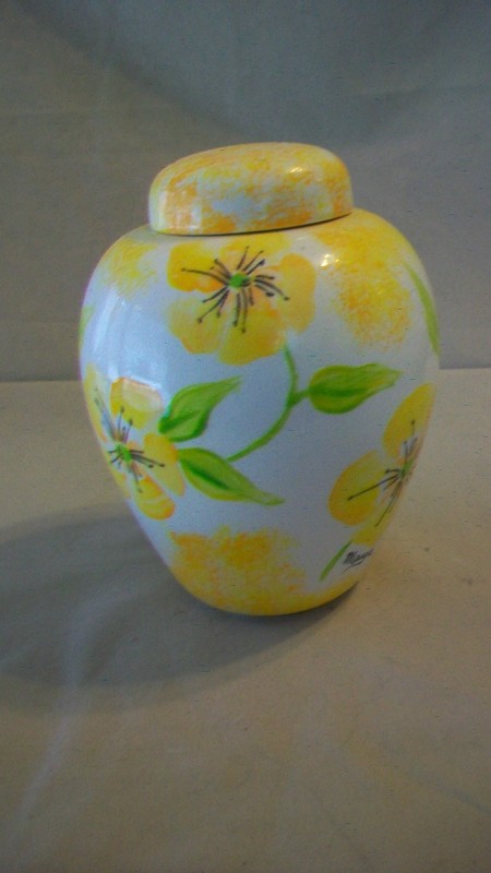 Decorative Ceramic Jar or Vase with Lid, White with Yellow Flowers, Green Leaves